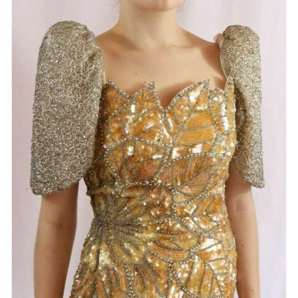 Vintage 80's Beaded Evening Gown Dress Gold/Silver Asymmetrical Sequin NWOT - Picture 5 of 12
